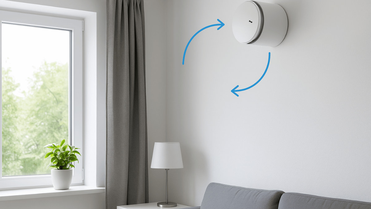 Witte ronde ventilatie-unit hoog aan een lichte woonkamermuur, met twee blauwe pijlen voor de luchtstroom, naast een raam met een grijs gordijn en een grijze zetel.