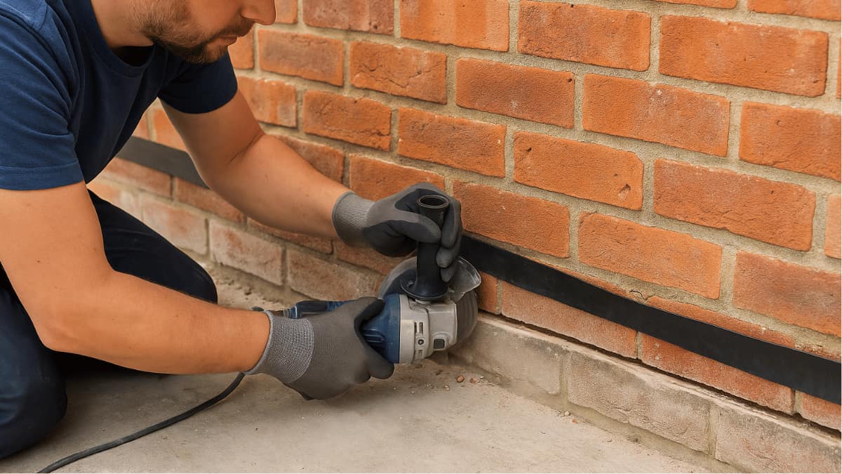 Een vakman schuift een waterkerende folie in een doorgeslepen voeg onderaan een bakstenen muur.