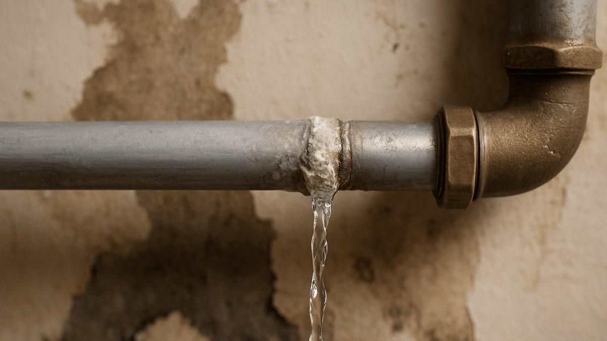 Een metalen waterleiding lekt aan een koppeling; het water loopt langs de muur, die donkere vochtvlekken en afbladderende verf vertoont.