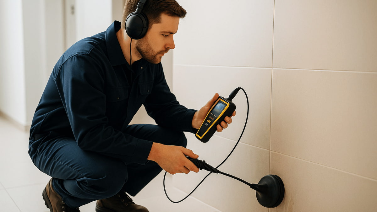 Een technicus in donkerblauw uniform houdt een gele detector tegen een betegelde wand en luistert mee via een koptelefoon.