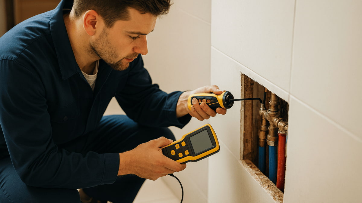 Technicus in donkerblauwe overall houdt een geel-zwarte inspectiecamera in een opengekapte muurnis met koperen en gekleurde leidingen, en leest tegelijk een handmeter met display af.