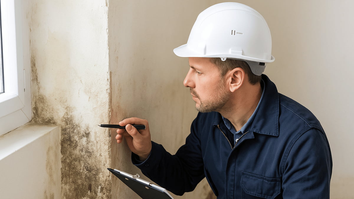 Een vochtspecialist met veiligheidshelm onderzoekt een vochtige muur met schimmel in een woning.