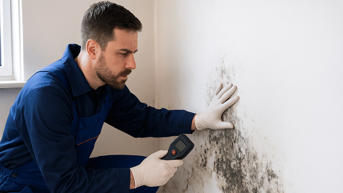 Een vochtspecialist inspecteert een binnenmuur met schimmelvlekken in een woning.