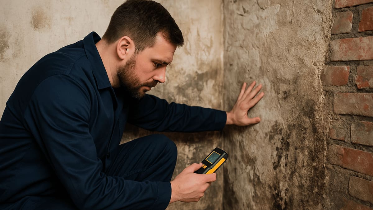 Een vochtspecialist voert een grondige inspectie uit van een vochtige keldermuur met behulp van een digitale vochtmeter.
