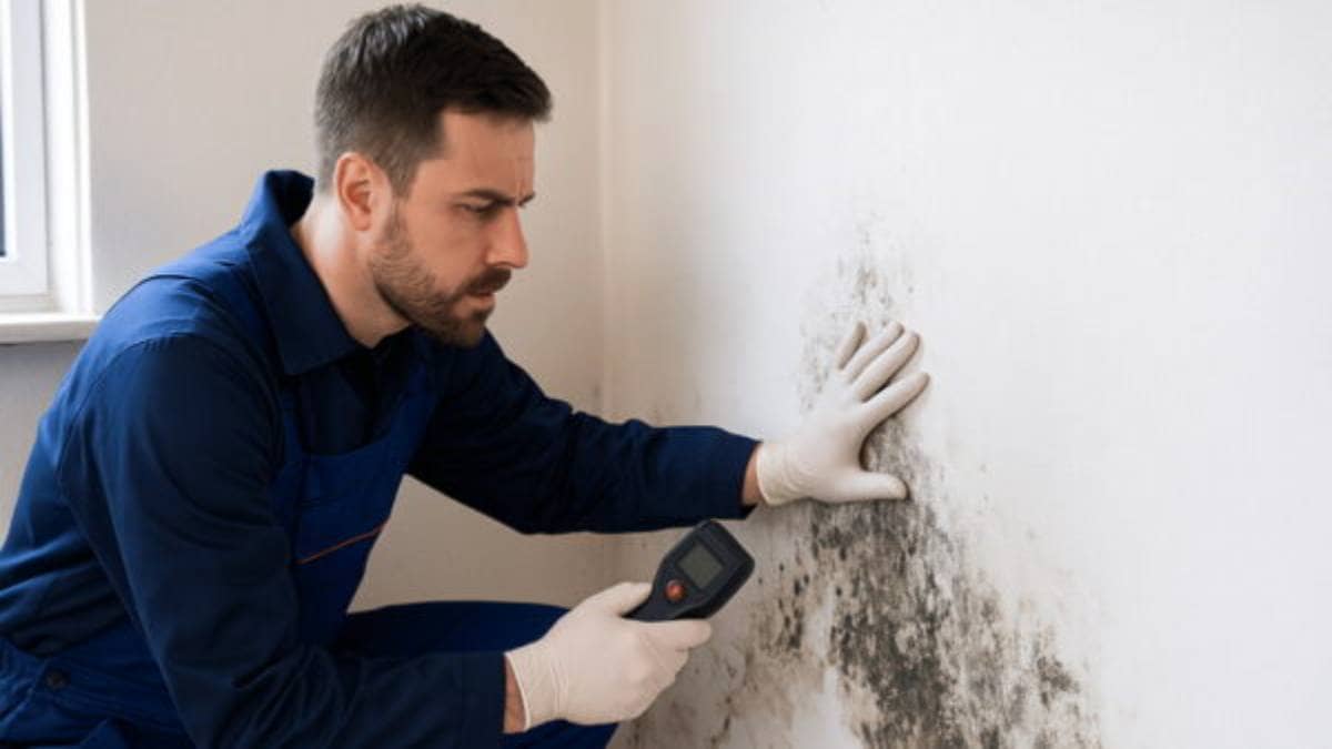 Een vochtexpert onderzoekt de oorzaak van schimmel op een muur in een woning.