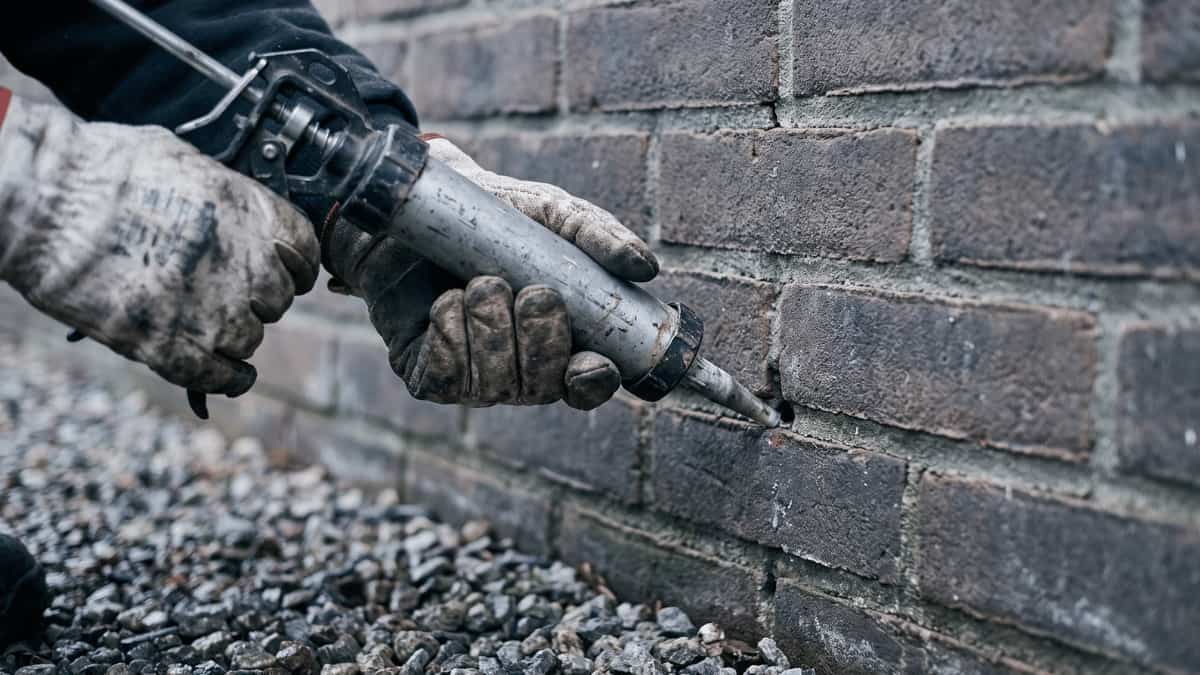 Twee gehandschoende handen drukken een kitpistool in een boorgat in de voeg van een bakstenen buitenmuur, net boven het maaiveld.