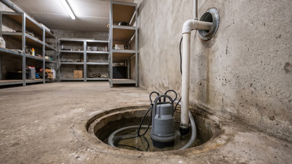 Dompelpomp in een pompput in de kelder, met een afvoerleiding door de muur.