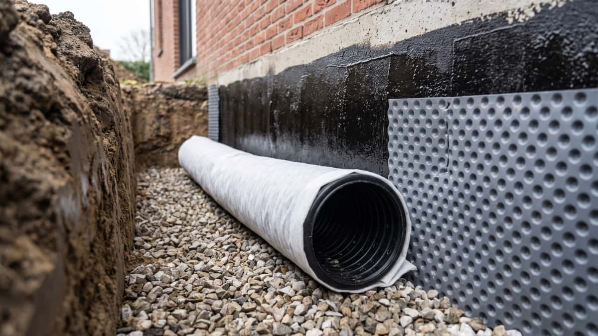 Uitgegraven sleuf langs een funderingsmuur met een zwarte bitumineuze coating, daarop een grijs noppenmembraan, en op het grindbed een drainbuis in een wit filterdoek.
