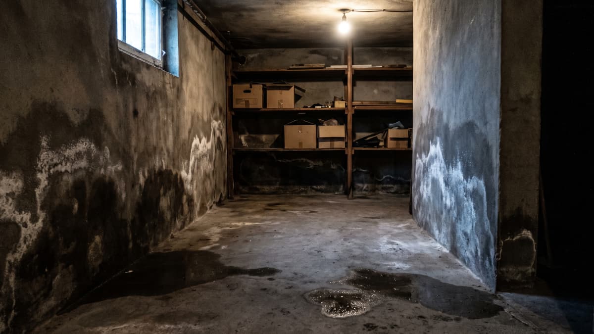 Donkere kelder met kale betonmuren waarop grote donkere vlekken en een witte poederige aanslag staan, verlicht door een gloeilamp, met houten rekken vol kartonnen dozen achteraan en natte plekken en een plas op de betonvloer.